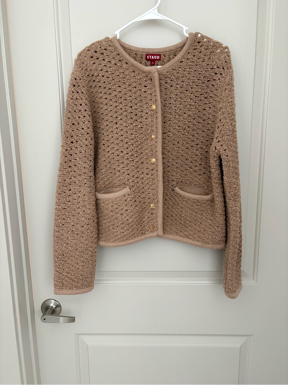 STAUD Beige Openwork Knit Button Cardigan with Gold Buttons